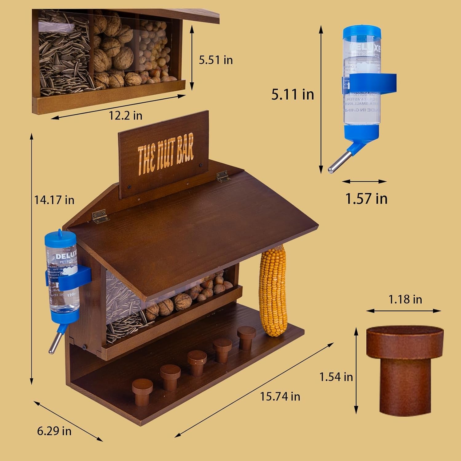 Wooden Squirrel Picnic Table Feeder for Outside,Funny Chipmunk House,Can Hang on the Tree,Set:3 Food Slots + 1 Corn Cob Holder + 5 Stools + 1 Feeding Water Bottle,Nut Bar,15.74 * 6.29 * 14.17 In