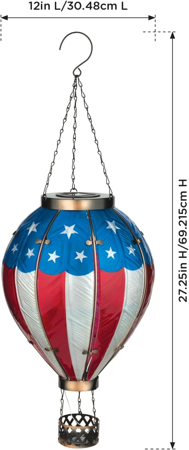 Hot Air Balloon Solar Lantern – Hanging Solar-Powered LED Lights, Waterproof Portable Decorative Outdoor Lamp Made of Metal & Glass for Garden, Patios & Pathway – Americana (X-Large)