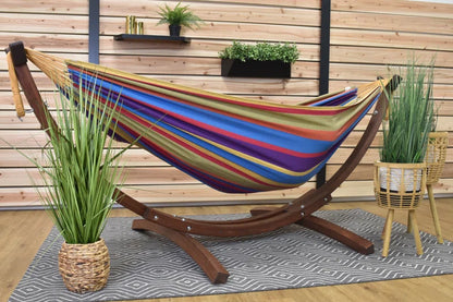 Vivere Holyoke Double Hammock with Solid Pine Arc Stand- Available in Sunbrella or Cotton