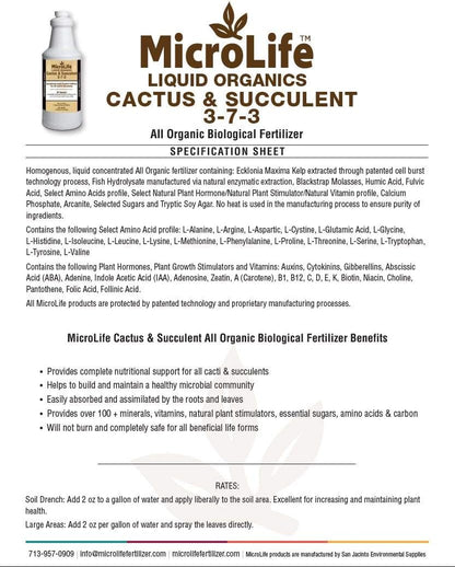 Microlife Cactus & Succulent (3-7-3) Professional Grade Organic Liquid Fertilizer Concentrate, 1 Quart