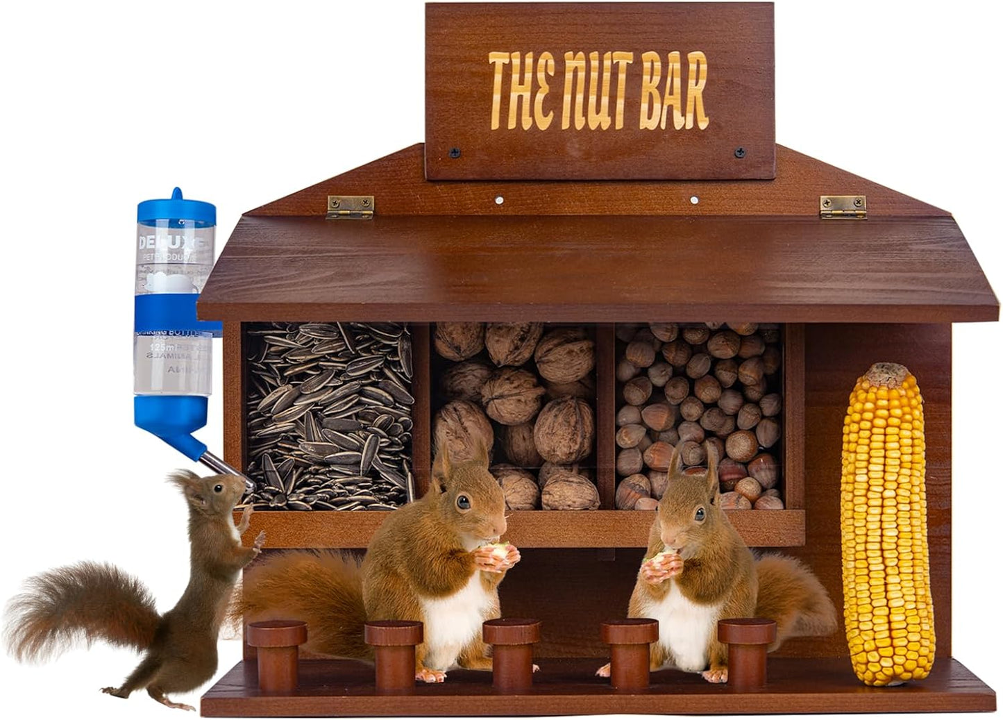 Wooden Squirrel Picnic Table Feeder for Outside,Funny Chipmunk House,Can Hang on the Tree,Set:3 Food Slots + 1 Corn Cob Holder + 5 Stools + 1 Feeding Water Bottle,Nut Bar,15.74 * 6.29 * 14.17 In