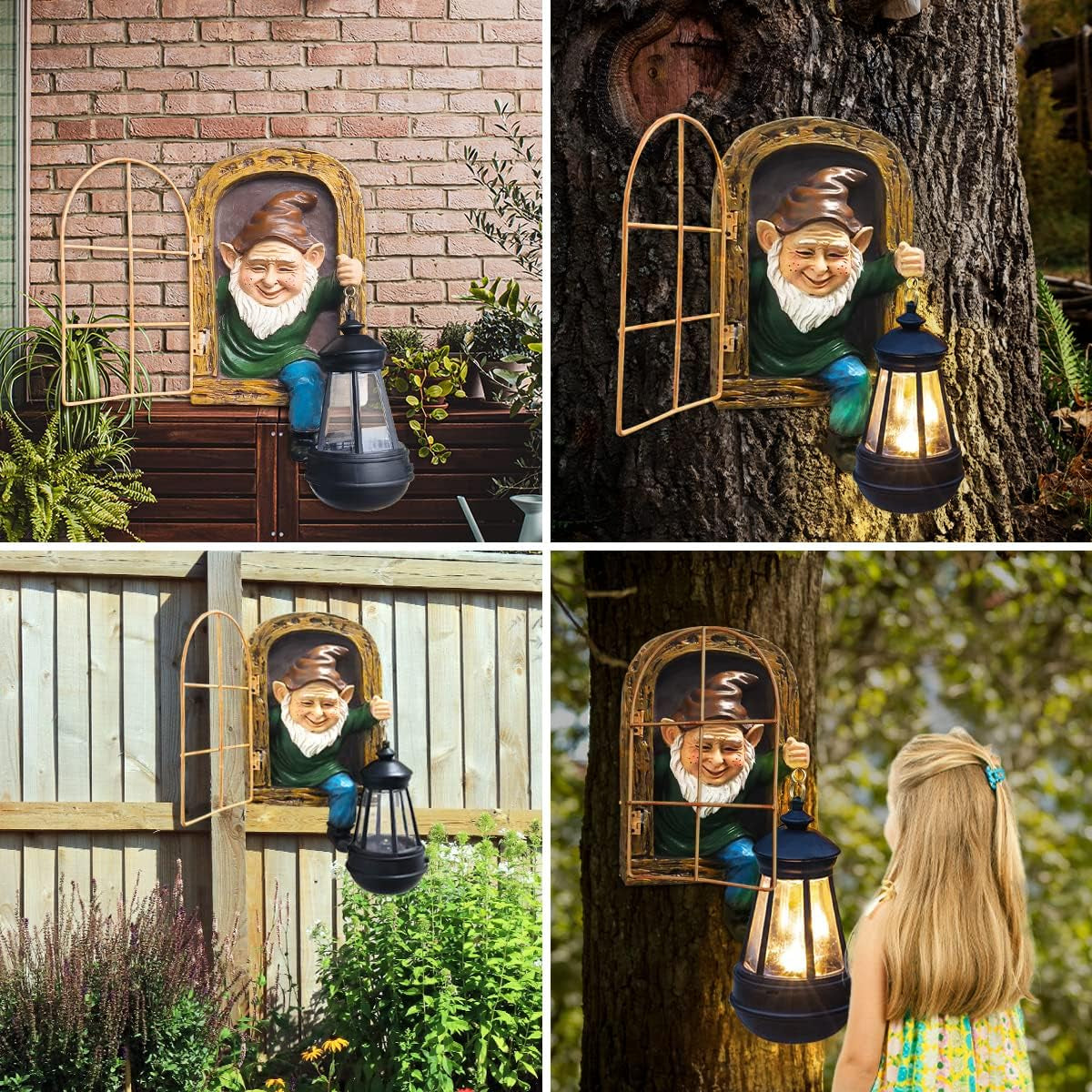 Whimsical Fairy Garden Gnomes with Solar Lights-10 Elf Out the Door Tree Hugger Garden Statues-Outdoor&Yard Decor-Tree Face Sculpture,Ideal Gnomes Gifts - Yard Art for Patio,Fence,Wall