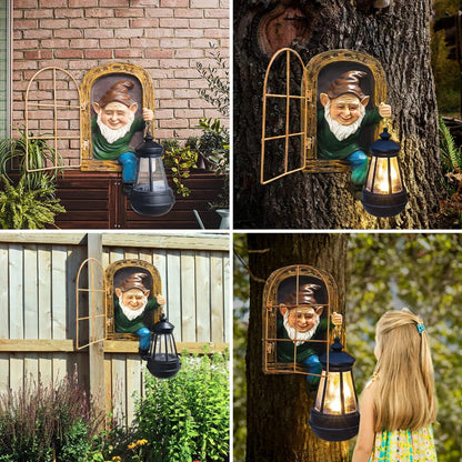 Whimsical Fairy Garden Gnomes with Solar Lights-10 Elf Out the Door Tree Hugger Garden Statues-Outdoor&Yard Decor-Tree Face Sculpture,Ideal Gnomes Gifts - Yard Art for Patio,Fence,Wall