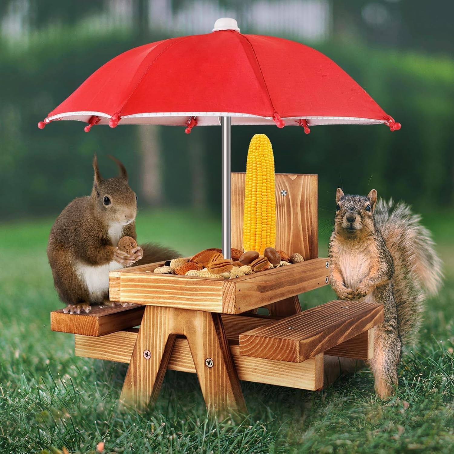 Gnodary Squirrel Feeder with Umbrella, Squirrel Feeders for Outside, Squirrel Picnic Table Feeder - Chipmunk Feeder Hold Corn, Corn Cob, Peanuts (Bright-Red)
