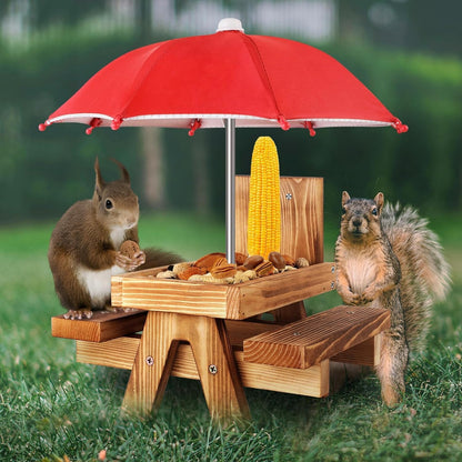 Gnodary Squirrel Feeder with Umbrella, Squirrel Feeders for Outside, Squirrel Picnic Table Feeder - Chipmunk Feeder Hold Corn, Corn Cob, Peanuts (Bright-Red)