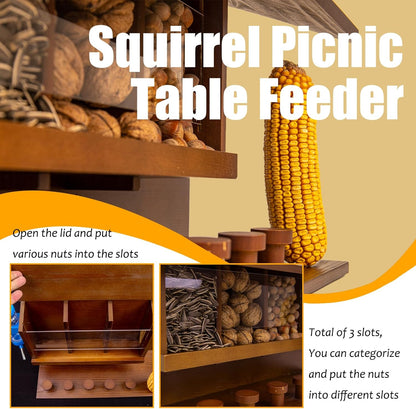Wooden Squirrel Picnic Table Feeder for Outside,Funny Chipmunk House,Can Hang on the Tree,Set:3 Food Slots + 1 Corn Cob Holder + 5 Stools + 1 Feeding Water Bottle,Nut Bar,15.74 * 6.29 * 14.17 In