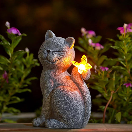 Solar Cat Outdoor Statues for Garden: outside Decor with Butterfly Clearance for Yard Art Lawn Ornaments Porch Patio Balcony Home House - Birthday Gifts for Grandma Mom Women
