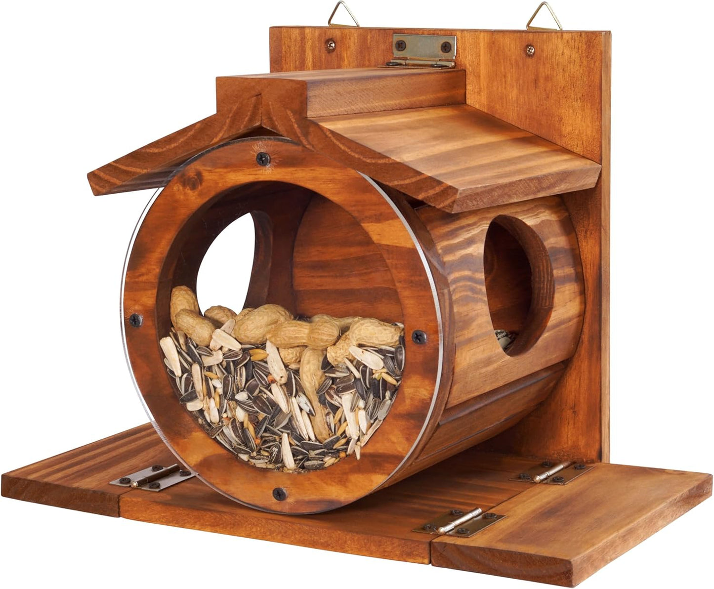 Wood Squirrel Feeder, Squirrel Feeders for outside Winter, Wooden Chipmunk Feeder for Corn, Peanuts, Durable Box Easy to Fill with the Roof Can Be Opened