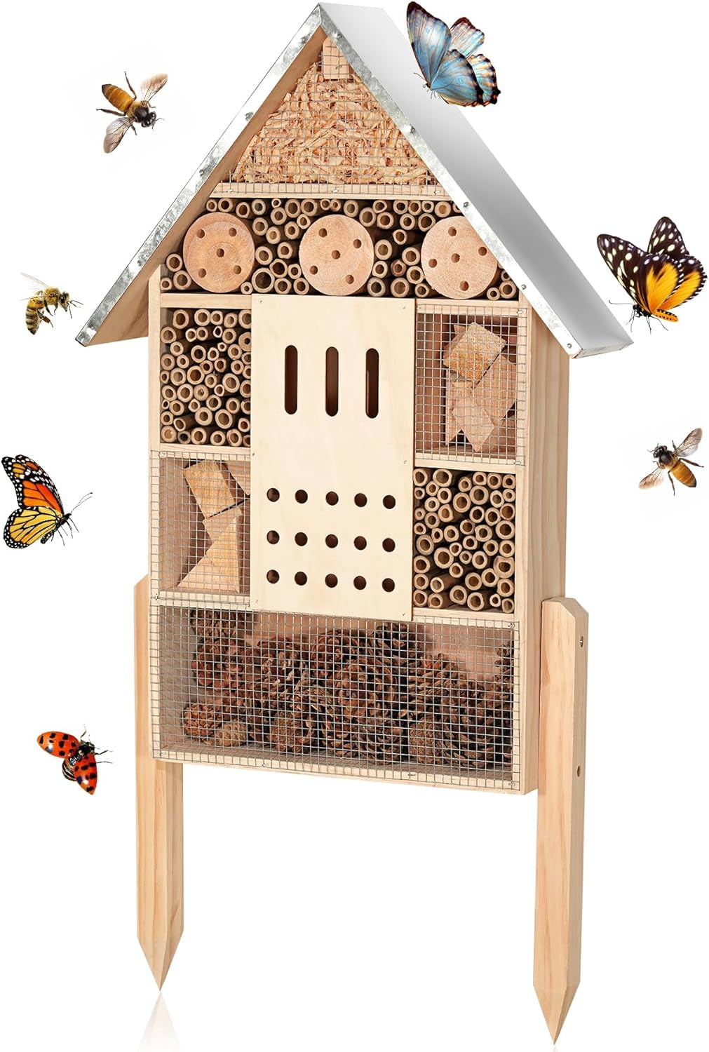Extra Large Wooden Insect House with Stakes,Wood Mason Bee Butterfly House,Insect Hotel,An Outdoor Bamboo Habitat for Ladybugs Live,Bee Box,Butterfly Habitat for Garden and Yard,30" H X15 W