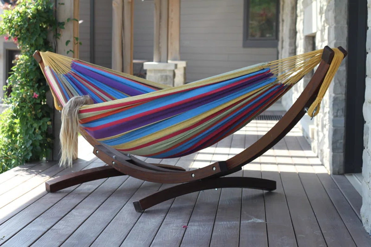 Vivere Holyoke Double Hammock with Solid Pine Arc Stand- Available in Sunbrella or Cotton