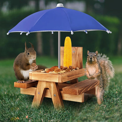 Gnodary Squirrel Feeder with Umbrella, Squirrel Feeders for Outside, Squirrel Picnic Table Feeder - Chipmunk Feeder Hold Corn, Corn Cob, Peanuts (Bright-Red)