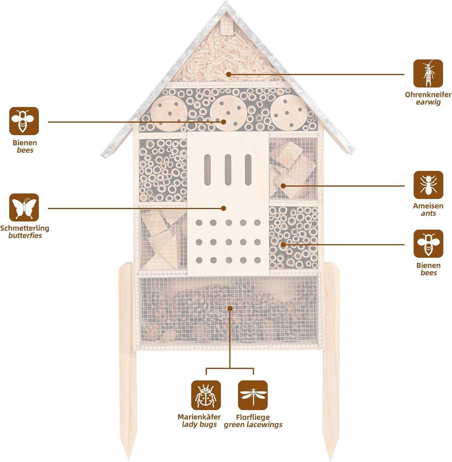 Extra Large Wooden Insect House with Stakes,Wood Mason Bee Butterfly House,Insect Hotel,An Outdoor Bamboo Habitat for Ladybugs Live,Bee Box,Butterfly Habitat for Garden and Yard,30" H X15 W