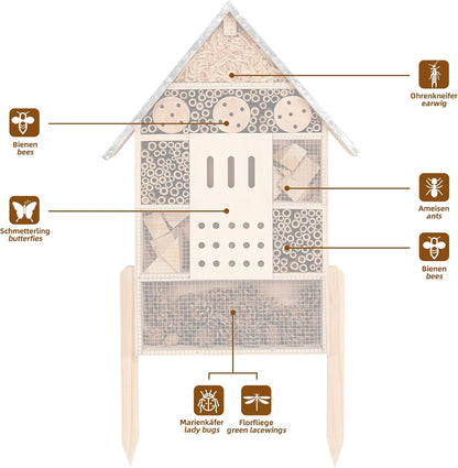 Extra Large Wooden Insect House with Stakes,Wood Mason Bee Butterfly House,Insect Hotel,An Outdoor Bamboo Habitat for Ladybugs Live,Bee Box,Butterfly Habitat for Garden and Yard,30" H X15 W