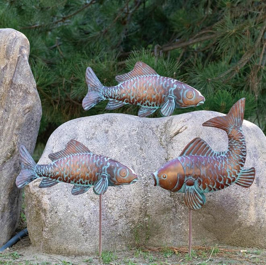 Set of 3 Garden Koi Fish Statue Antique Copper Fishes Outdoor Décor Garden Sculptures & Statues Metal Koi Fish Figurine Ornaments for Outdoors,Patio Decor,Backyard and Home Kitchen Decorations