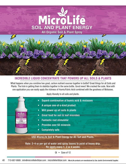 Microlife Soil & Plant Energy Liquid Organic Concentrate Humic/Fulvic Acid & Molasses Foliar Spray or Root Stimulator, 1 QT