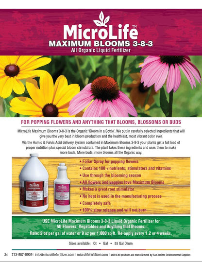 Microlife Maximum Blooms (3-8-3) Professional Grade Organic Liquid Fertilizer Concentrate for All Flowers and Anything That Blooms, 1 Quart
