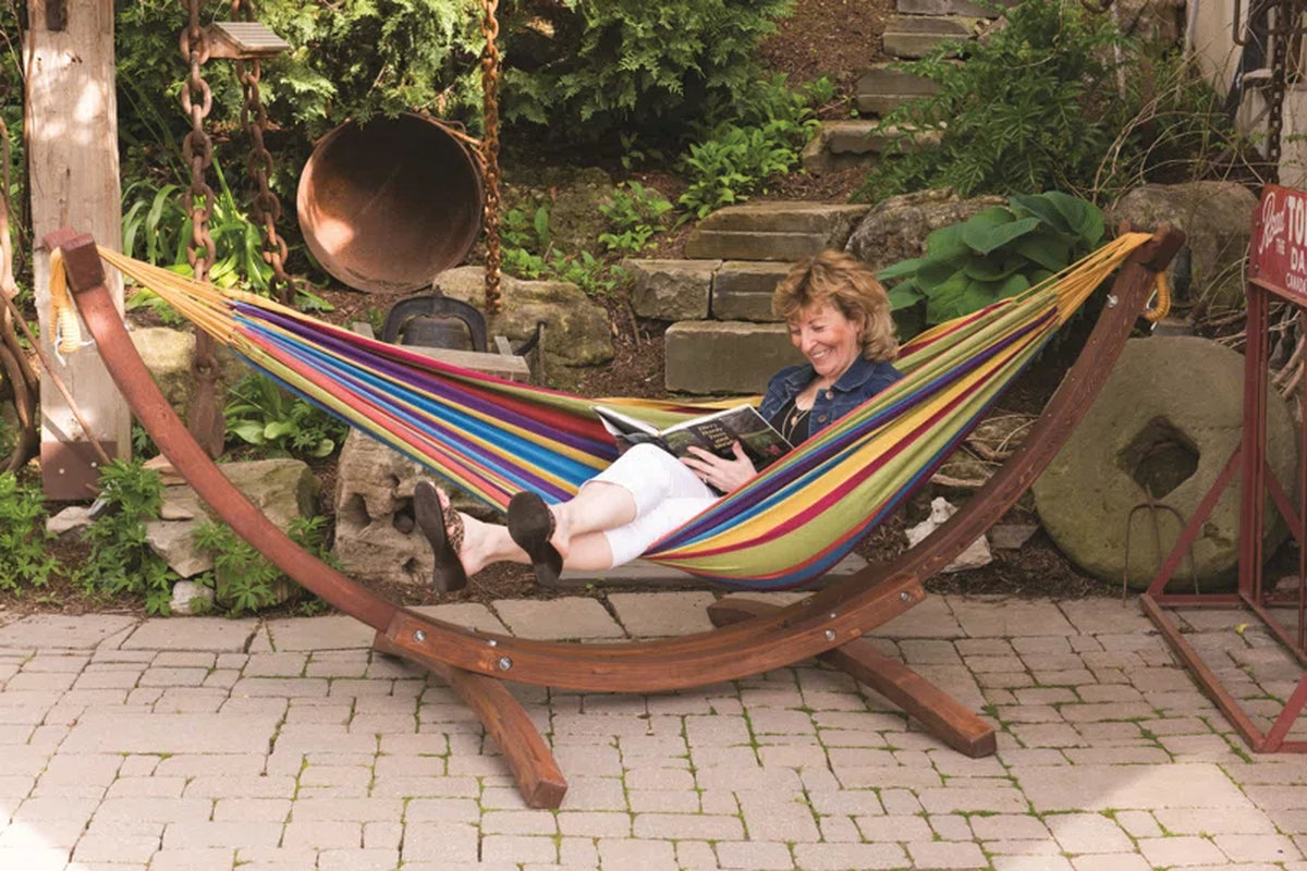 Vivere Holyoke Double Hammock with Solid Pine Arc Stand- Available in Sunbrella or Cotton