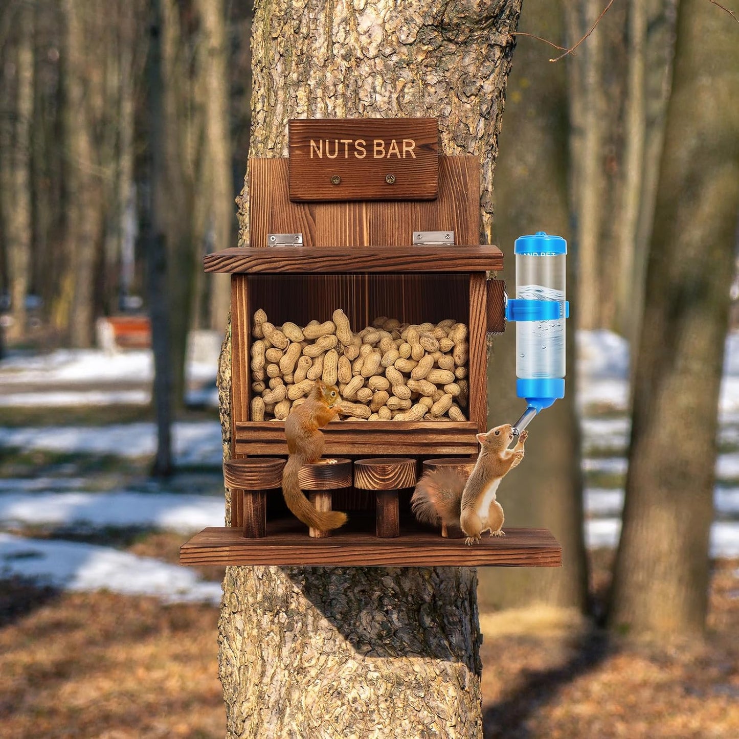 Squirrel Feeders for outside Tree Wooden Squirrel Picnic Table Feeder for Corn Peanut Hanging Chipmunk House the Nut Bar with Squirrel Water Feeder