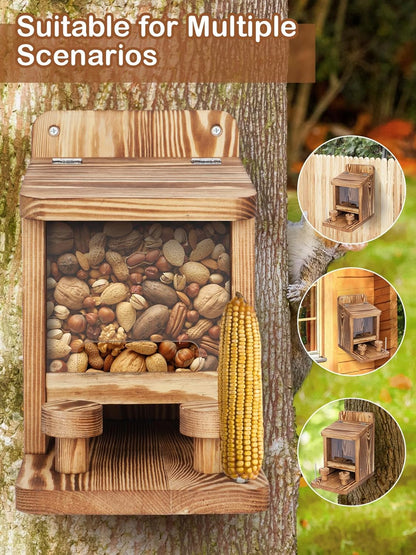 Squirrel Feeder for Outside, Thickened Wooden Squirrel Feeder Platform, Funny Squirrel Houses Picnic Table, Squirrel Feeders for Outdoors Tree Peanuts Nuts Corn Cobs Holder Durable Chipmunk Feeder Box