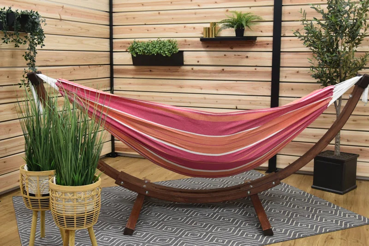 Vivere Holyoke Double Hammock with Solid Pine Arc Stand- Available in Sunbrella or Cotton