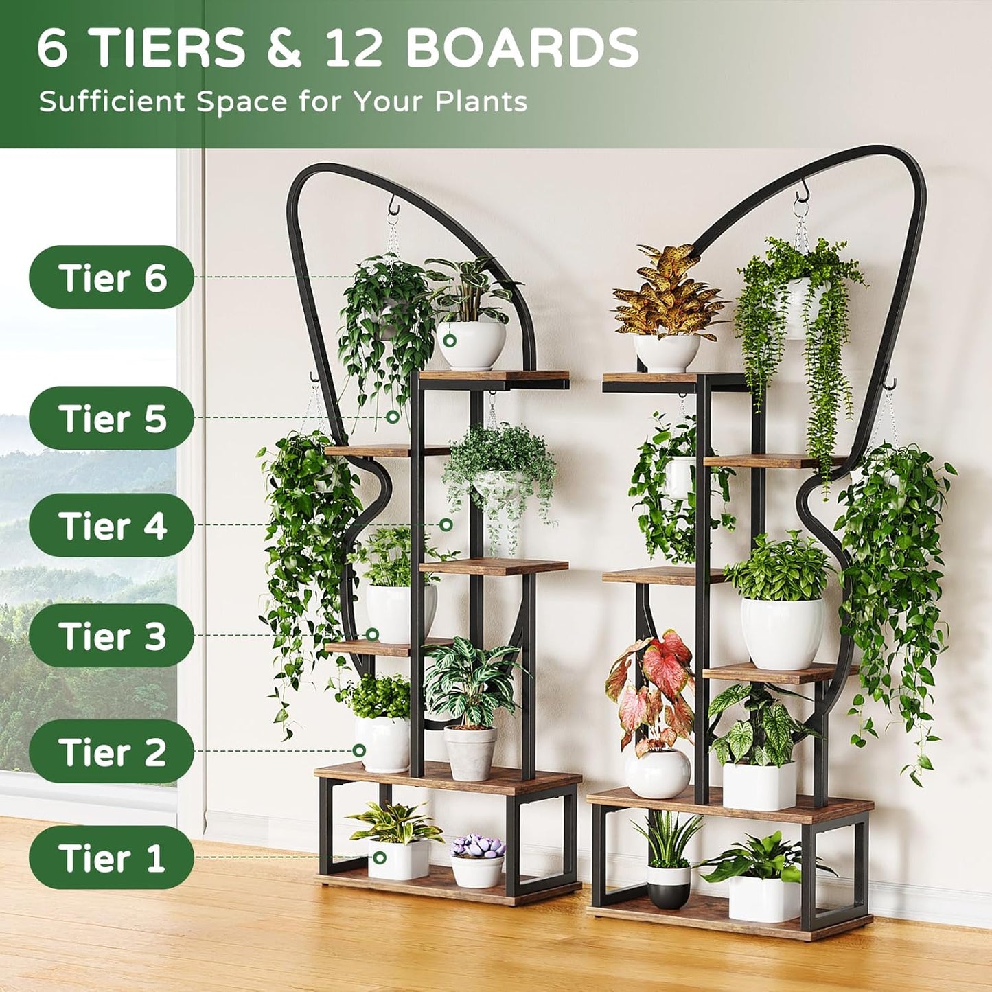 6 Tier Plant Stand Indoor Butterfly-Shaped, Tall Metal Plant Stand with 6 Plant Hooks & 12 Boards, Large Ladder Plant Shelf with Adjustable Feet for Living Room, Balcony, Garden, Art Studio (2 Pack)