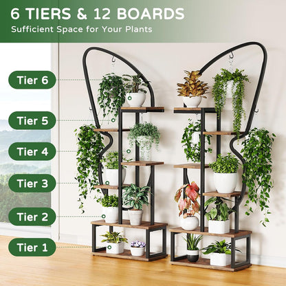 6 Tier Plant Stand Indoor Butterfly-Shaped, Tall Metal Plant Stand with 6 Plant Hooks & 12 Boards, Large Ladder Plant Shelf with Adjustable Feet for Living Room, Balcony, Garden, Art Studio (2 Pack)