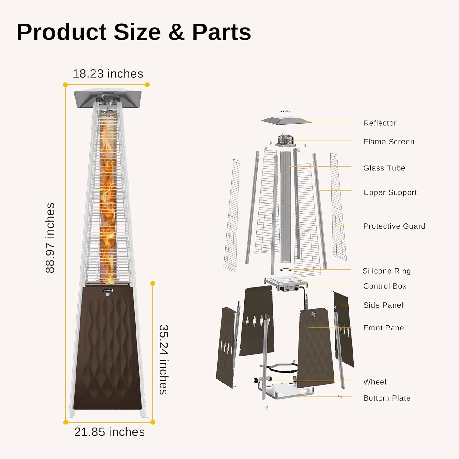 EAST OAK Pyramid Patio Heater, 48,000 BTU Outdoor Patio Heater, Quartz Glass Tube Propane Heater for Commercial & Residential, Triple Protection System, with Wheels, 2024 Upgrade, Bronze