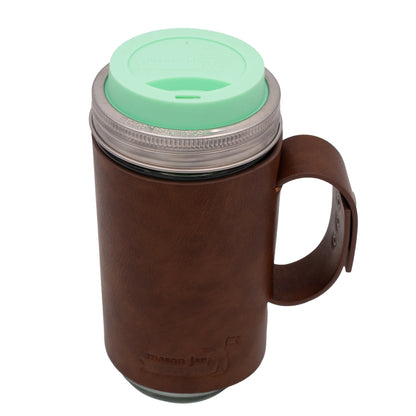 Mason Jar Lifestyle 24Oz Pint & Half Glass Water Bottle Travel Tumbler with Faux Leather Sleeve & Drinking Lid