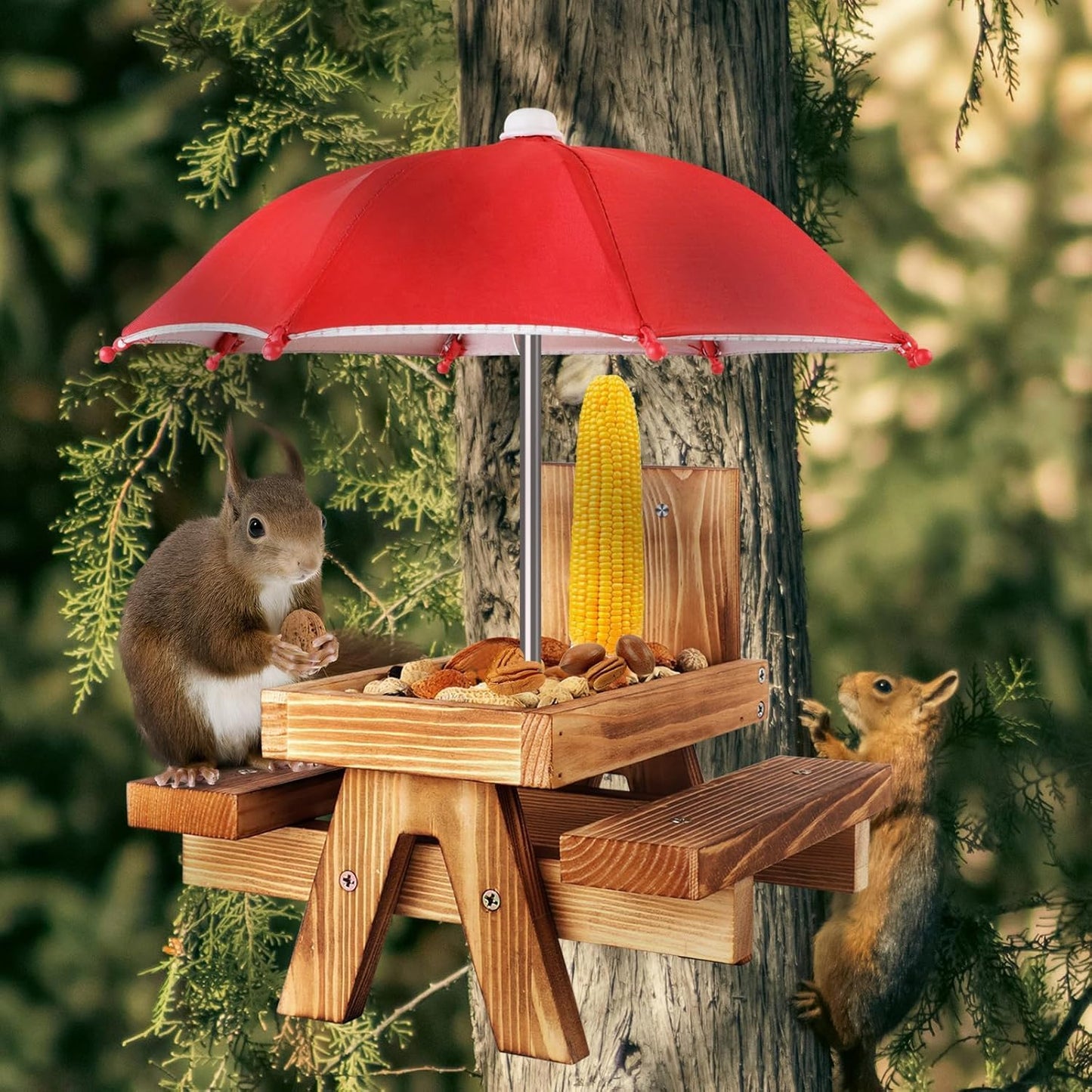 Gnodary Squirrel Feeder with Umbrella, Squirrel Feeders for Outside, Squirrel Picnic Table Feeder - Chipmunk Feeder Hold Corn, Corn Cob, Peanuts (Bright-Red)