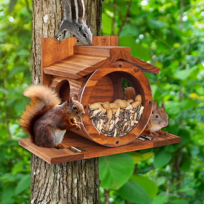 Wood Squirrel Feeder, Squirrel Feeders for outside Winter, Wooden Chipmunk Feeder for Corn, Peanuts, Durable Box Easy to Fill with the Roof Can Be Opened