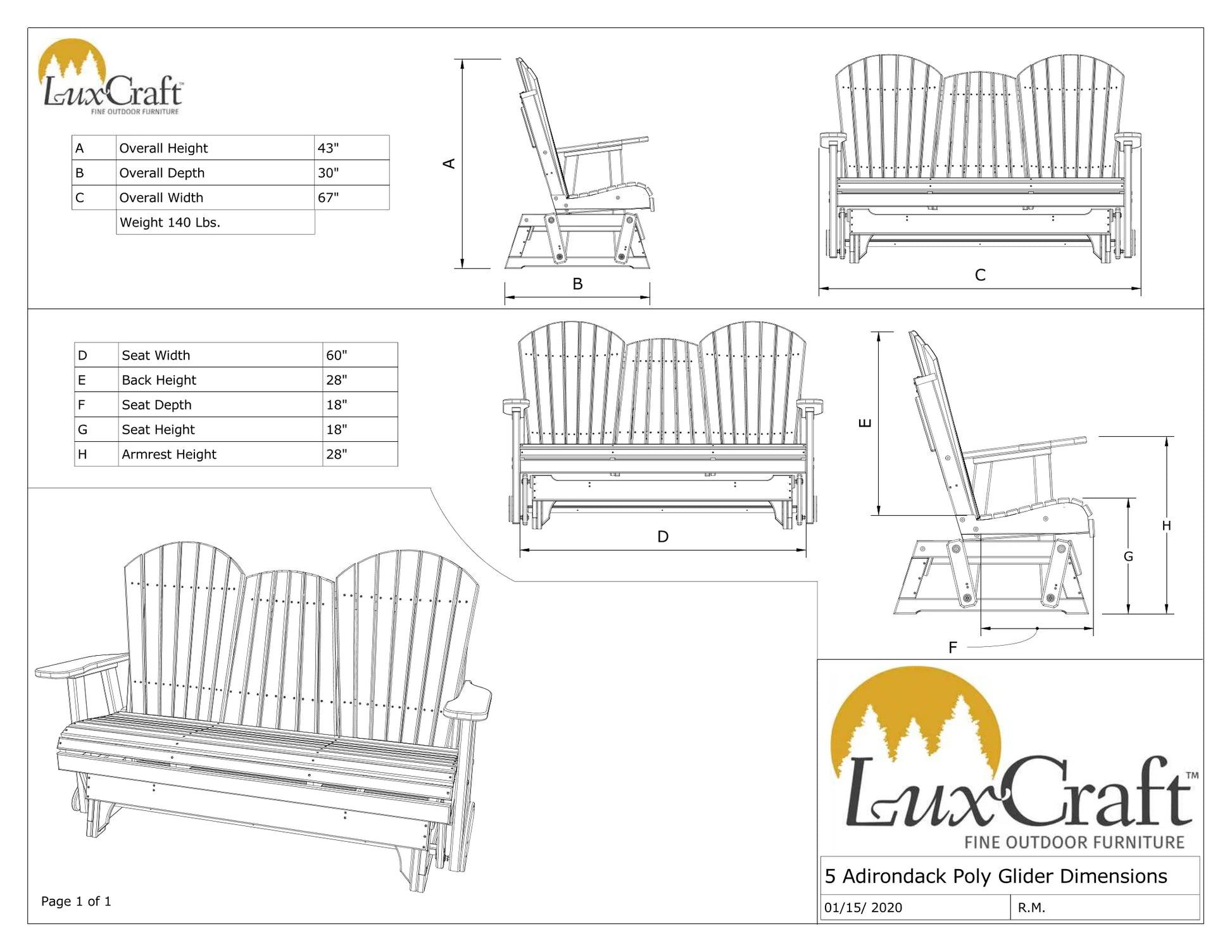 5' Adirondack Glider Chair with Flip down Center Console