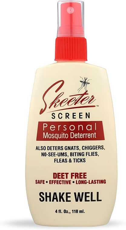 Skeeter Screen Mosquito Deterrent Spray - 4 Fl Oz Pump Bottle | Deet-Free Essential Oil Blend – Safe for Skin & Clothes – Non-Staining, Alcohol-Free – Cedar, Peppermint, Rosemary, Thyme