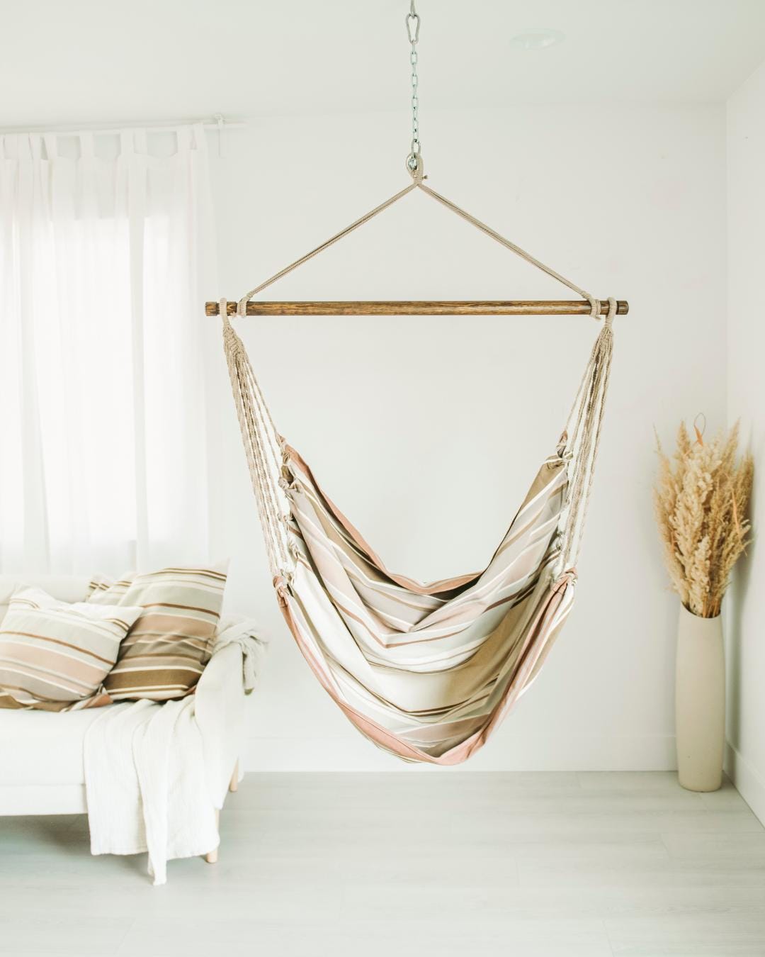 Handmade Cotton Hammock Chair Swing, Mocha Brown Stripes, 300 Lbs Capacity