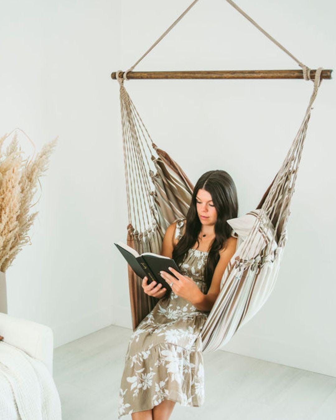 Handmade Cotton Hammock Chair Swing, Mocha Brown Stripes, 300 Lbs Capacity