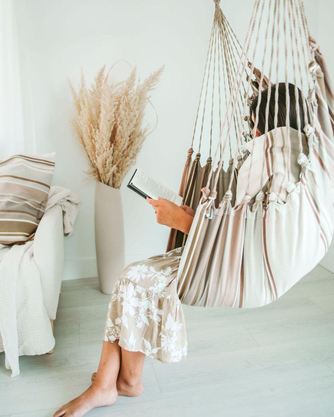 Handmade Cotton Hammock Chair Swing, Mocha Brown Stripes, 300 Lbs Capacity