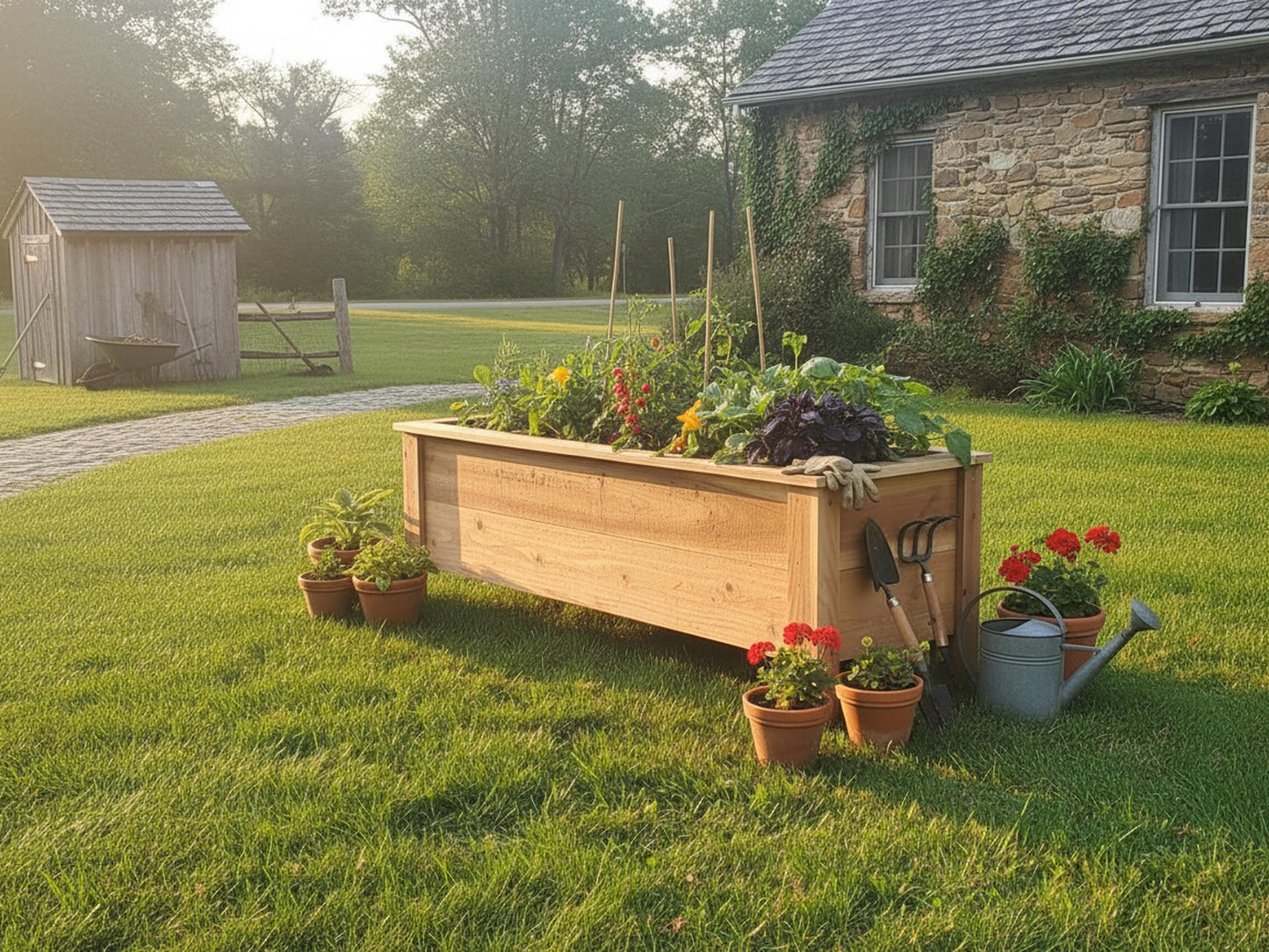 Handmade Heavy Duty Rectangular Raised Outdoor Cedar Wood Garden Planter Box with Legs, Farmhouse Flowers, Vegetables 60" 52" 46" 36" 24"6佛G