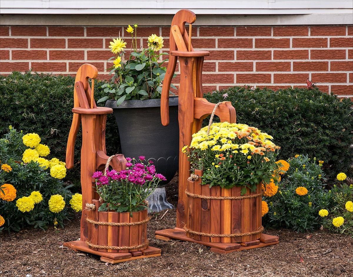 Eastern Red Cedar Pump Planter - Rustic Vintage Style Garden Planter - Small or Large - Made in USA