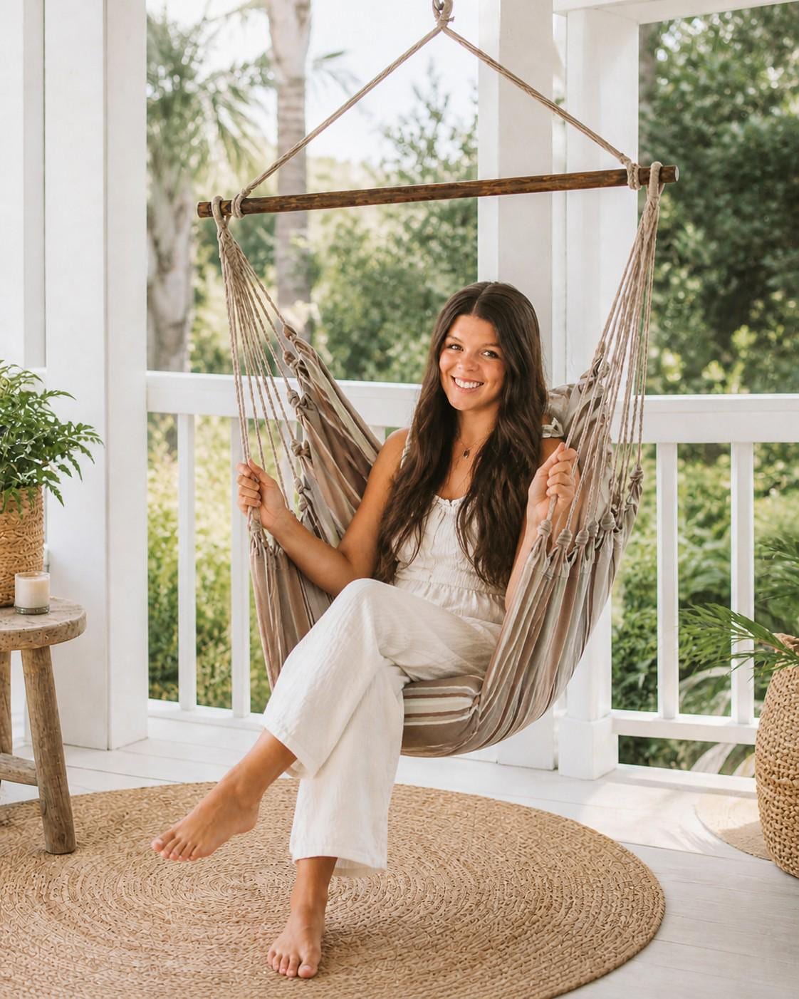 Handmade Cotton Hammock Chair Swing, Mocha Brown Stripes, 300 Lbs Capacity