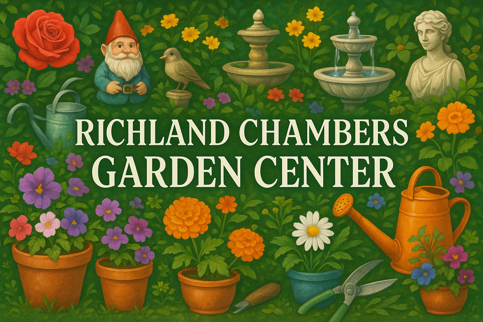 main page banner that says Richland Chambers Garden Center in white letters with a background that shows colorful flowers, garden tools, decorative pots, garden statues and water fountains. 