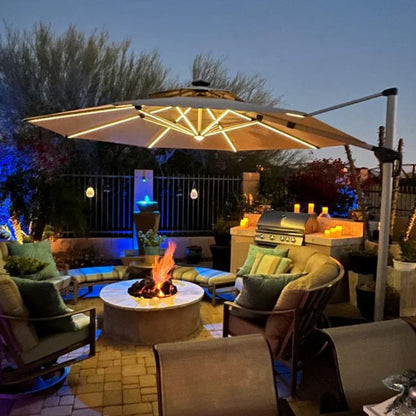 Round Cantilever Umbrella with Base, Outdoor Umbrellas with Lights