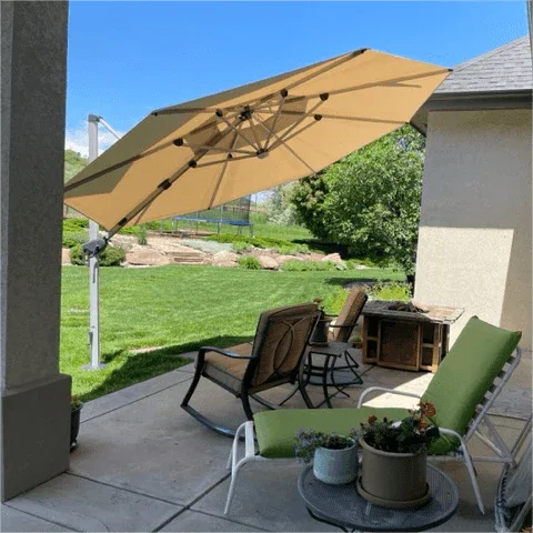 Round Cantilever Umbrella with Base, Outdoor Umbrellas with Lights