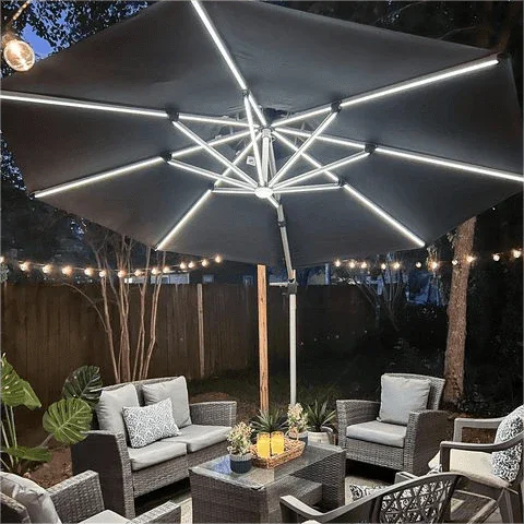 Round Cantilever Umbrella with Base, Outdoor Umbrellas with Lights