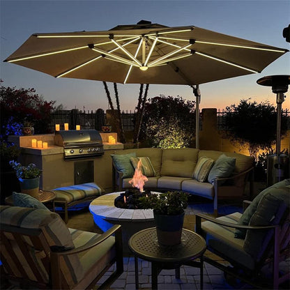 Round Cantilever Umbrella with Base, Outdoor Umbrellas with Lights