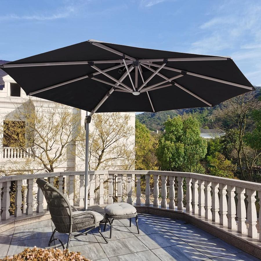 Round Cantilever Umbrella with Base, Outdoor Umbrellas with Lights