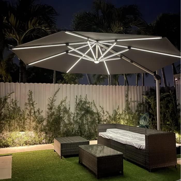 Round Cantilever Umbrella with Base, Outdoor Umbrellas with Lights