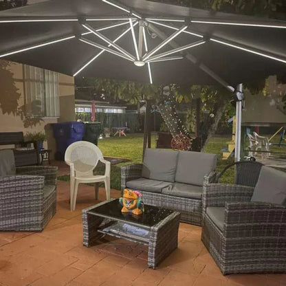 Round Cantilever Umbrella with Base, Outdoor Umbrellas with Lights
