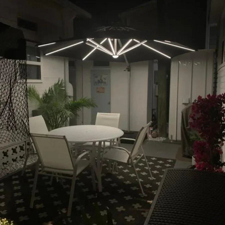 Round Cantilever Umbrella with Base, Outdoor Umbrellas with Lights
