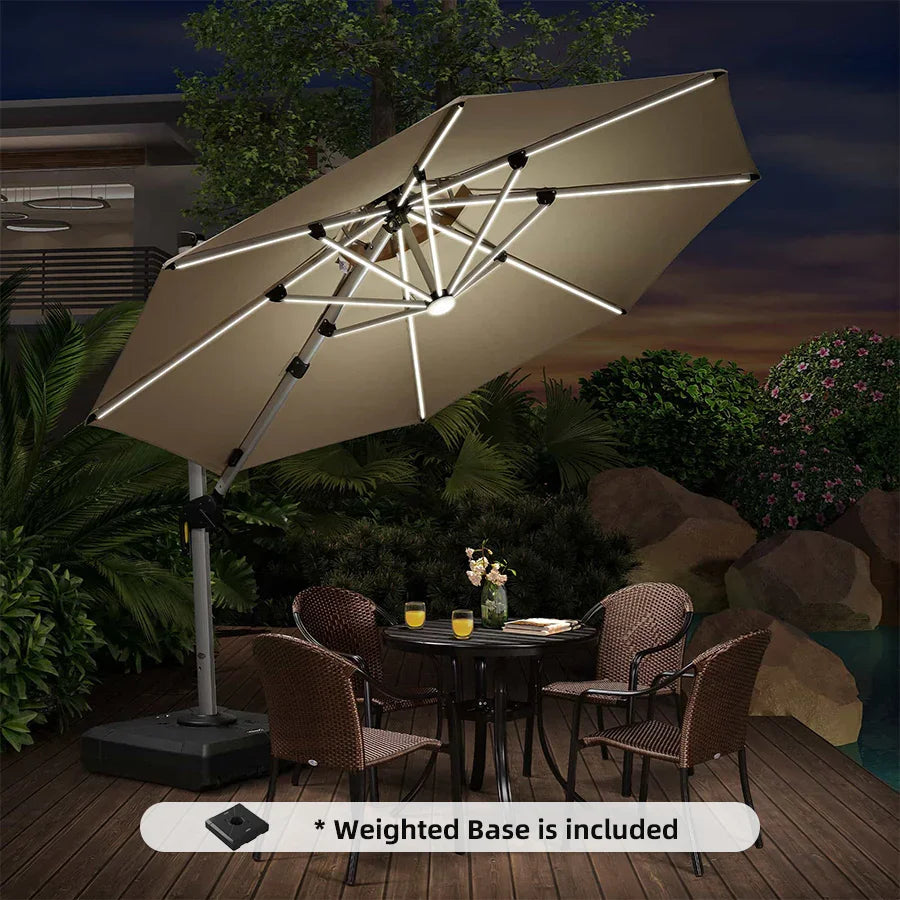 Round Cantilever Umbrella with Base, Outdoor Umbrellas with Lights