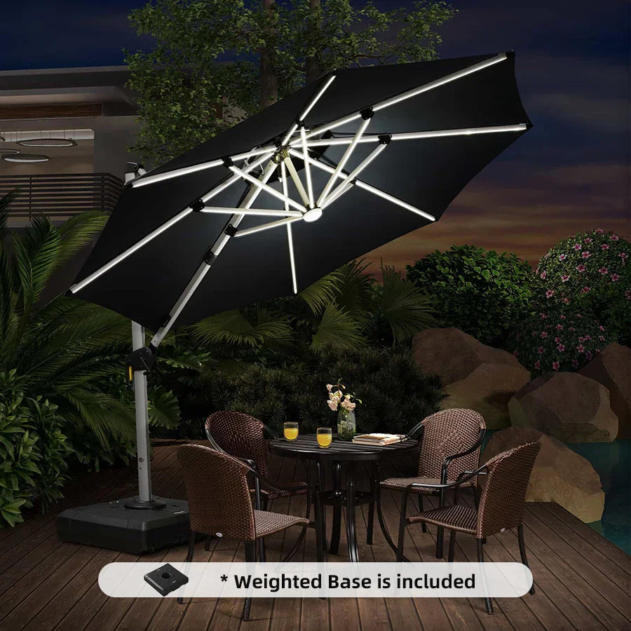 Round Cantilever Umbrella with Base, Outdoor Umbrellas with Lights