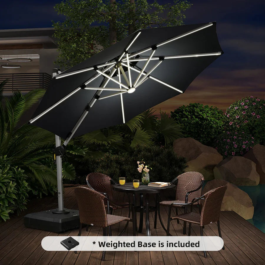 Round Cantilever Umbrella with Base, Outdoor Umbrellas with Lights